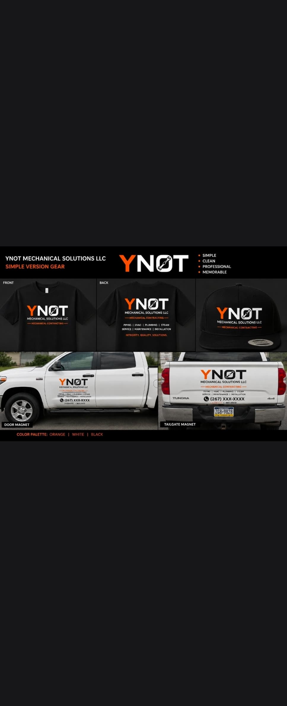 YNOT Mechanical Solutions branded shirts, hat, and vehicle magnets